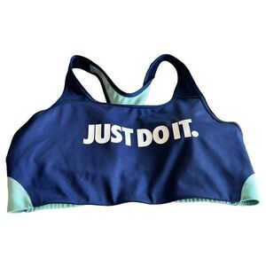 Nike Just Do It Dri‎ Fit Sports Bra Blue LARGE Round Neck Wire Less Racer Back